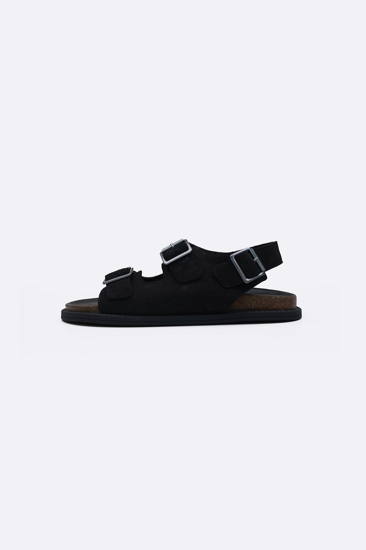 BLACK DOUBLE STRAP LEATHER SANDALS