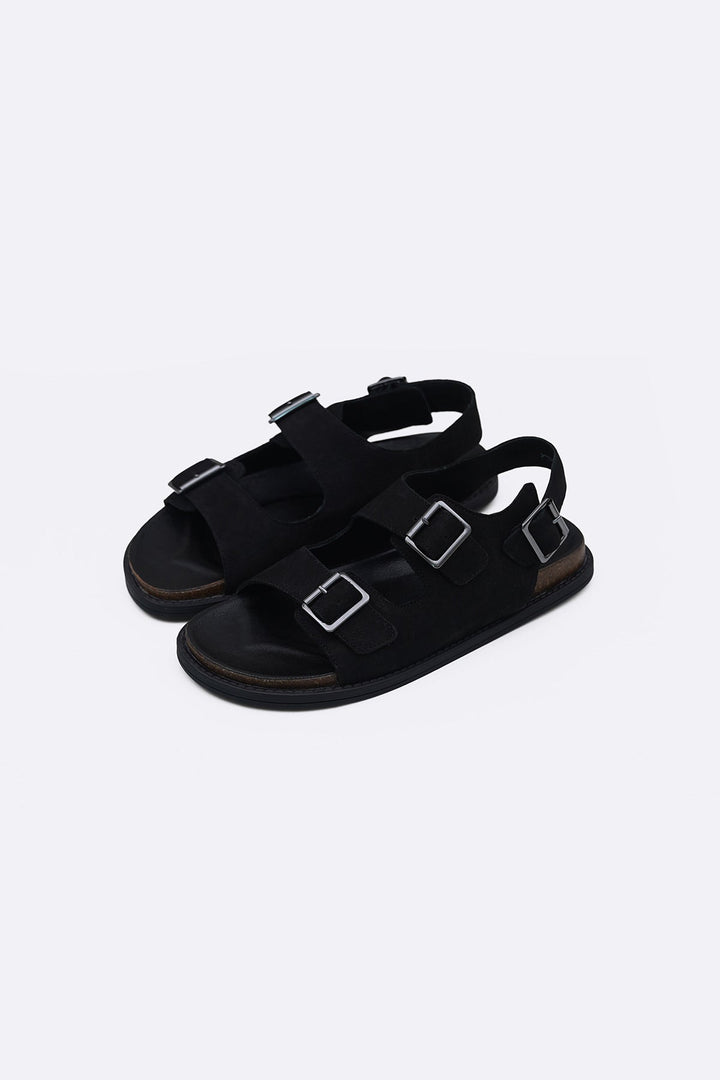 BLACK DOUBLE STRAP LEATHER SANDALS