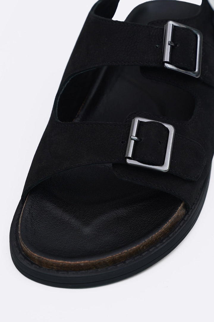 BLACK DOUBLE STRAP LEATHER SANDALS