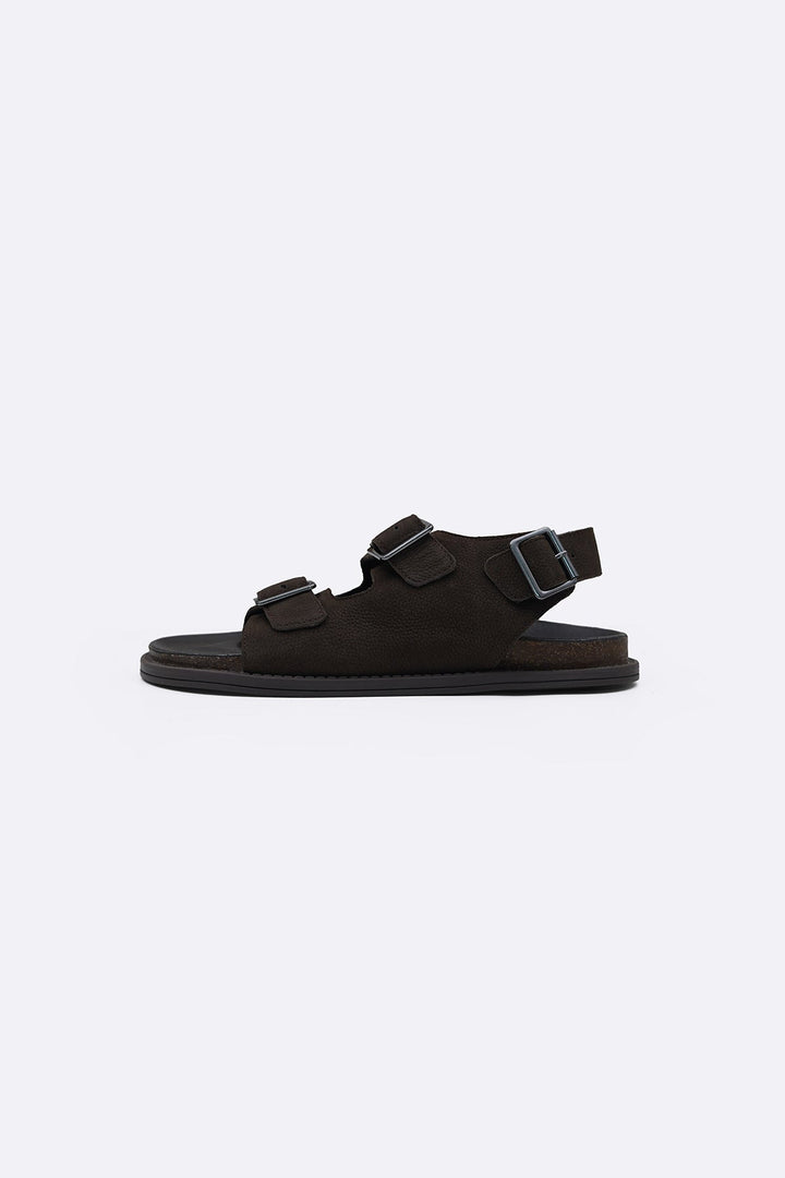 COFFEE DOUBLE STRAP LEATHER SANDALS