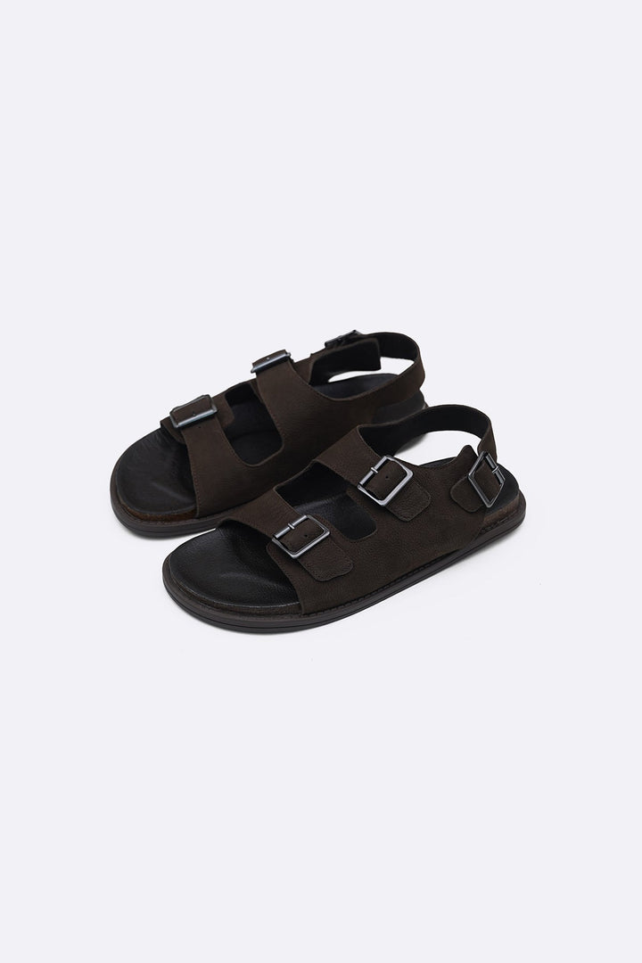 COFFEE DOUBLE STRAP LEATHER SANDALS