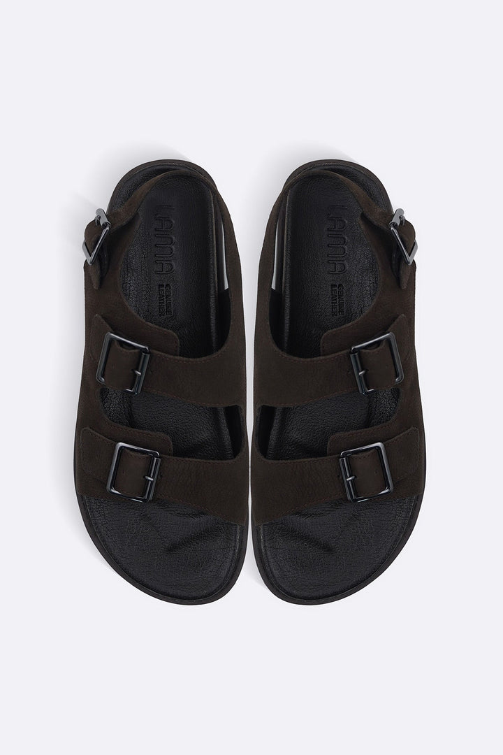 COFFEE DOUBLE STRAP LEATHER SANDALS