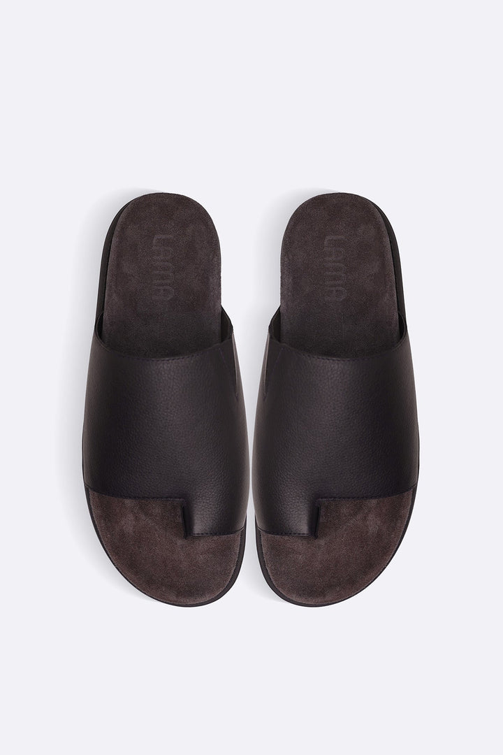 BROWN TOE LOOP LEATHER SLIDES