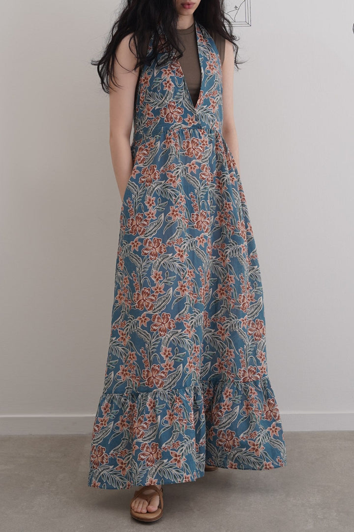 BLUE COTTON HALTER DRESS