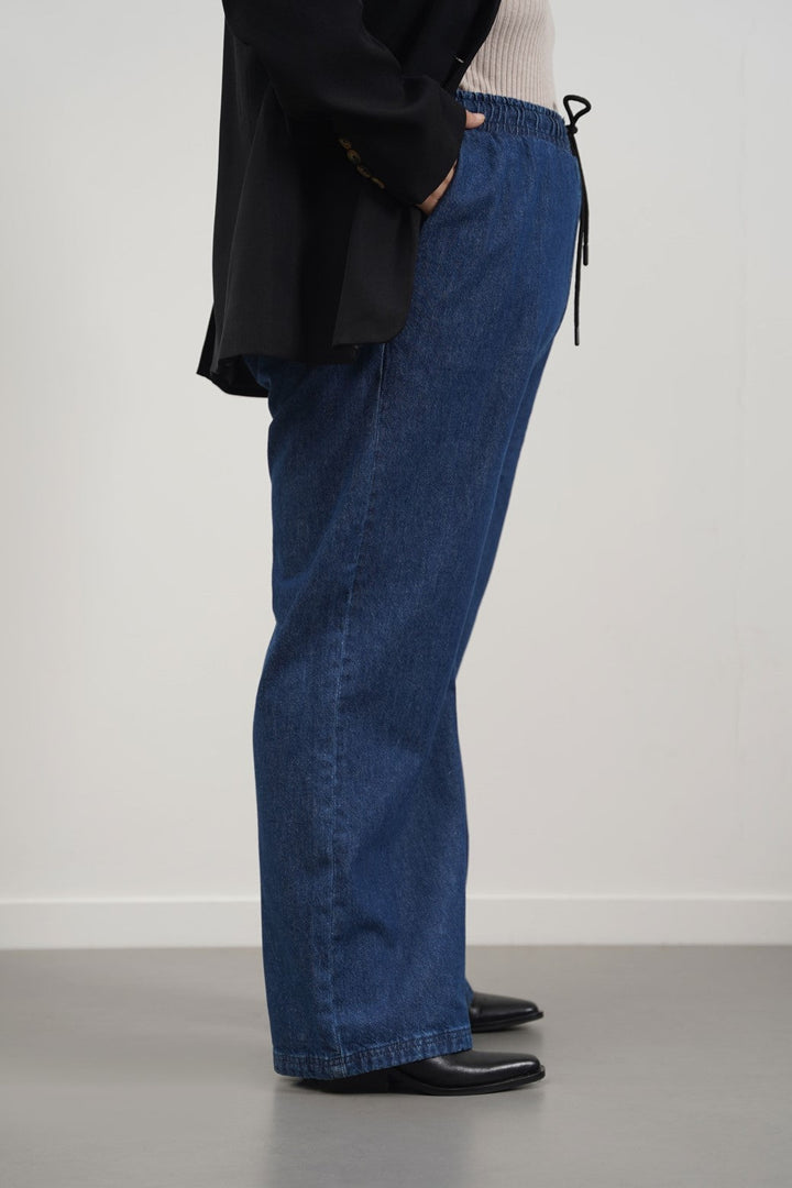 DARK BLUE CURVE STRETCHY WAIST WIDE JEANS
