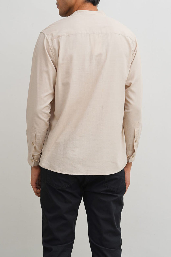 BEIGE BAND COLLAR SHIRT