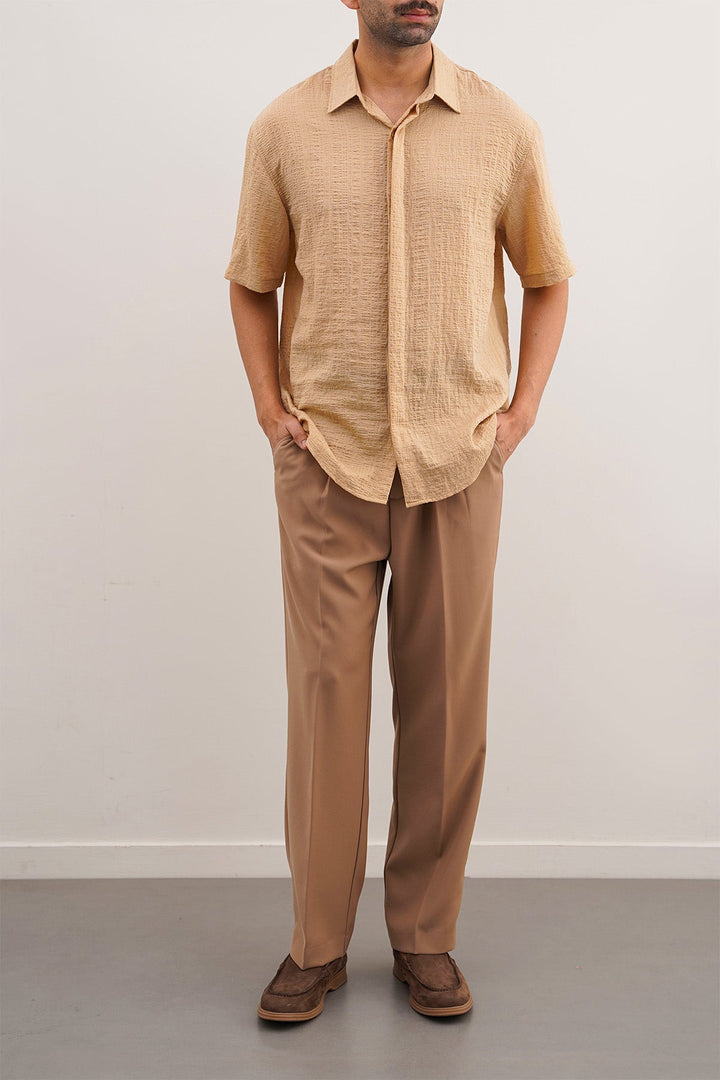 BEIGE SEERSUCKER HALFSLEEVES SHIRT