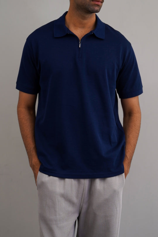 MID BLUE QUARTER ZIP POLO