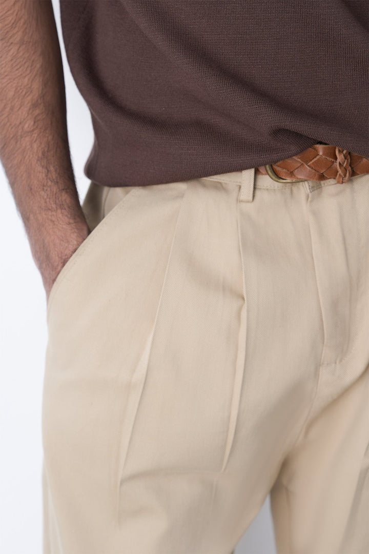BEIGE-DOUBLE PLEAT TWILL PANTS