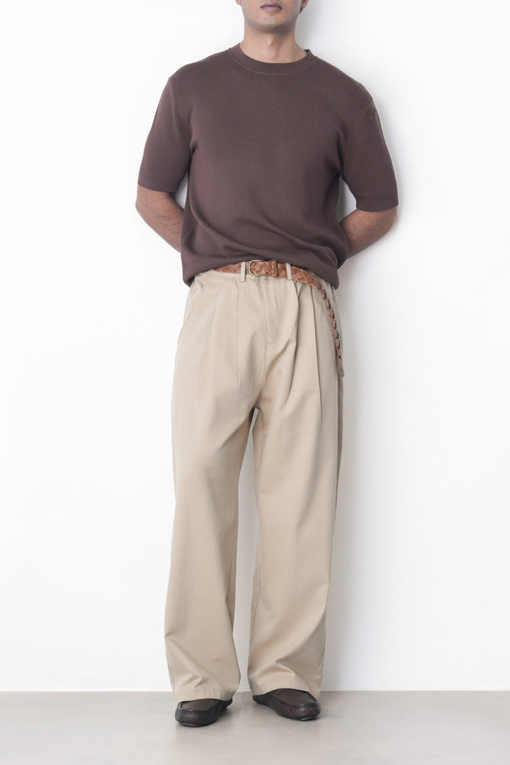 BEIGE-DOUBLE PLEAT TWILL PANTS