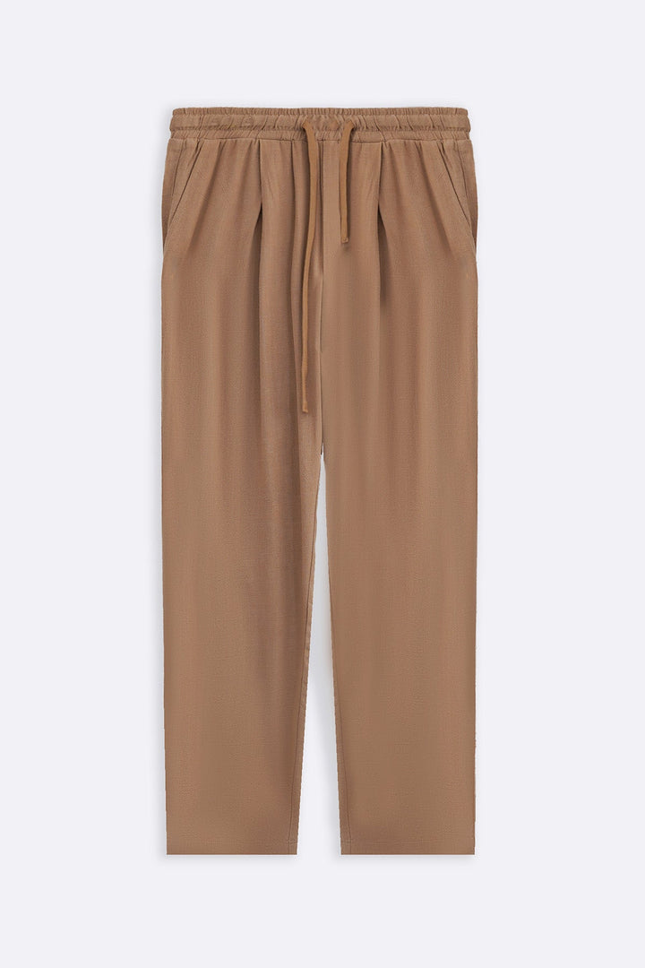 KHAKI FLOWY BLENDED LINEN TROUSERS