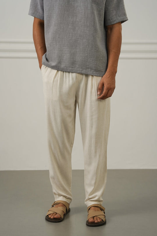 OFF WHITE FLOWY BLENDED LINEN TROUSERS