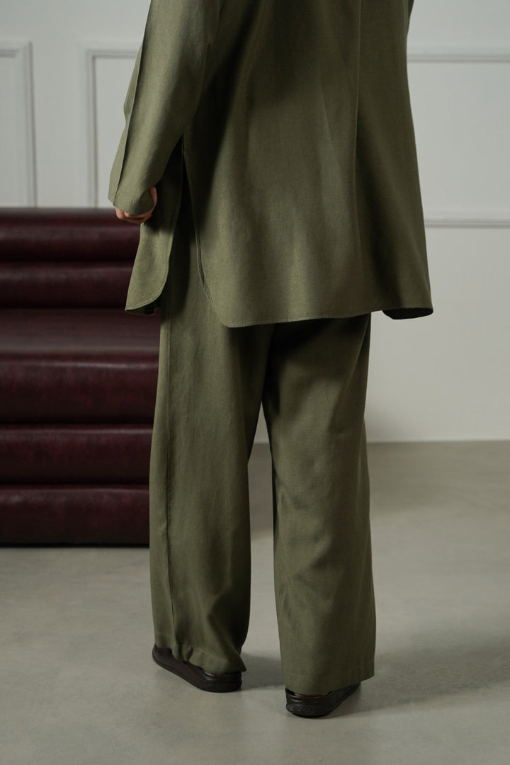 OLIVE LINEN BLEND RELAXED TROUSERS