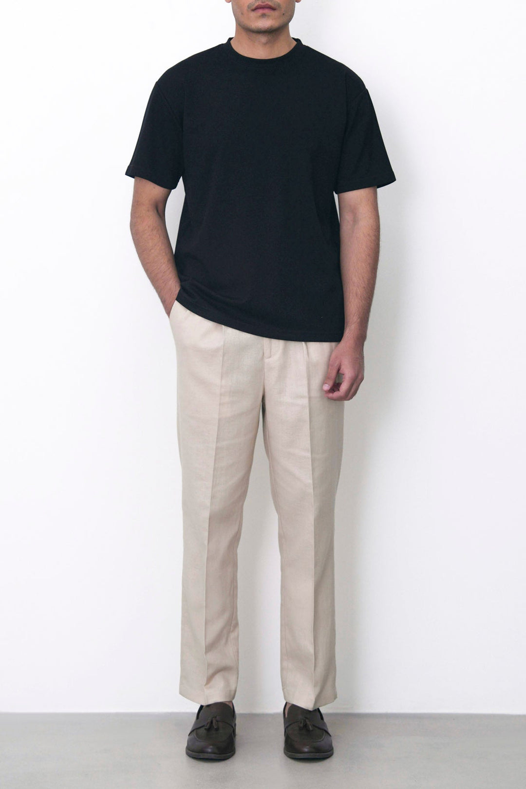 BEIGE TAILORED HERRINGBONE PANTS