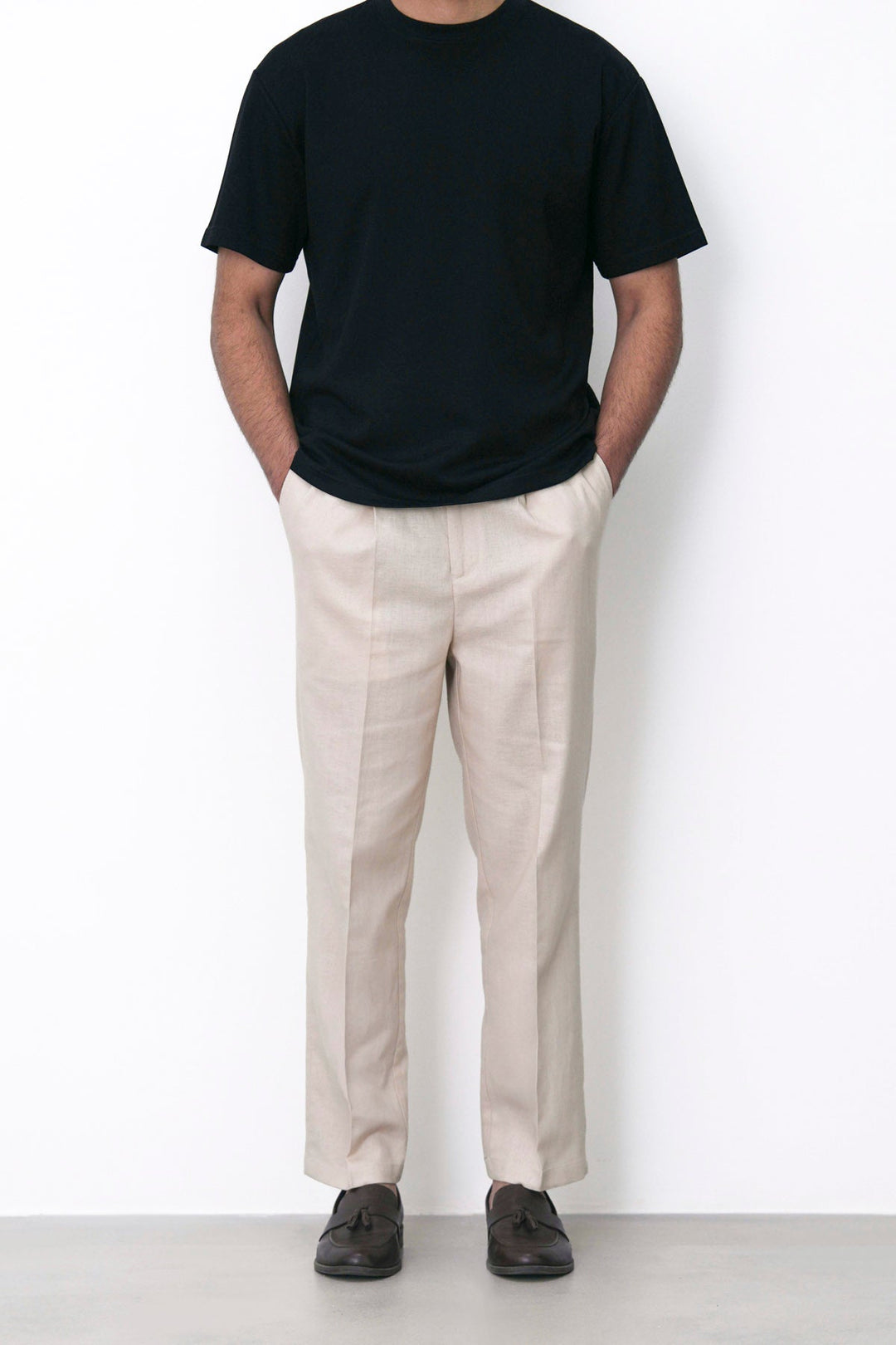 BEIGE TAILORED HERRINGBONE PANTS
