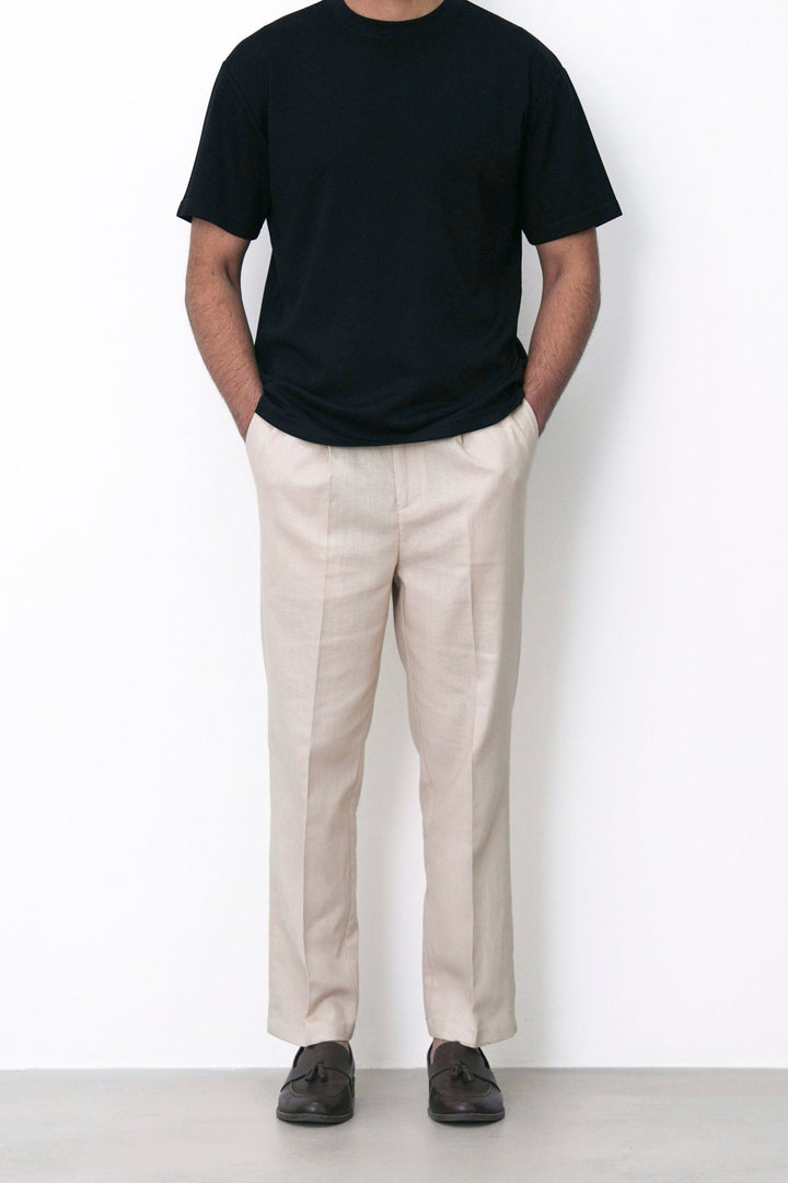 BEIGE TAILORED HERRINGBONE PANTS