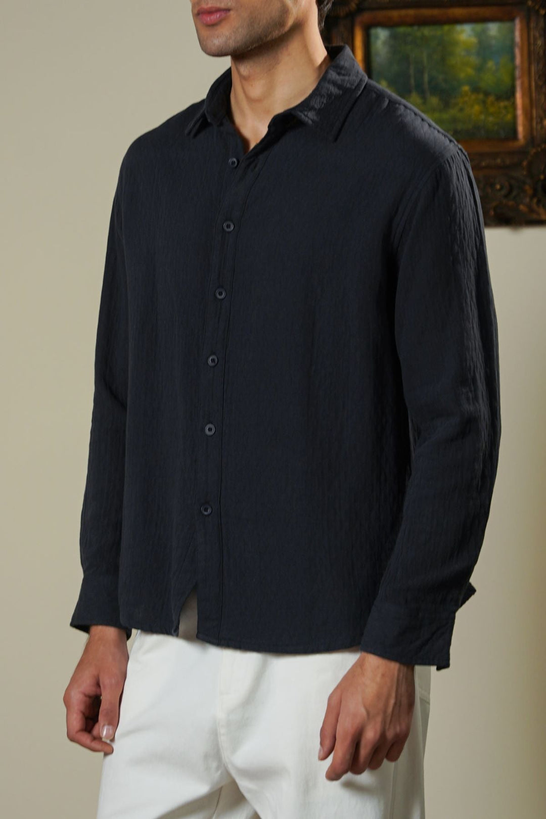 NAVY QUILT EFFECT JACQUARD SHIRT