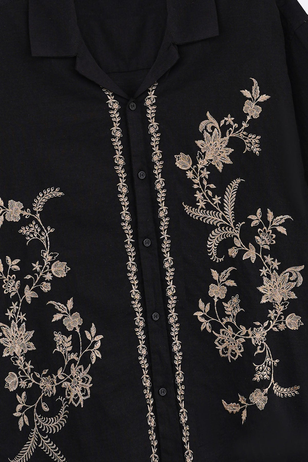 BLACK ASYMMETRIC EMBROIDERED SHIRT
