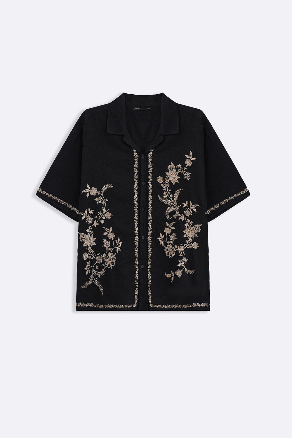 BLACK ASYMMETRIC EMBROIDERED SHIRT