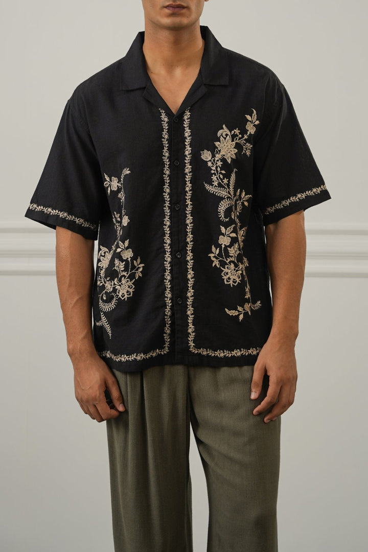 BLACK ASYMMETRIC EMBROIDERED SHIRT