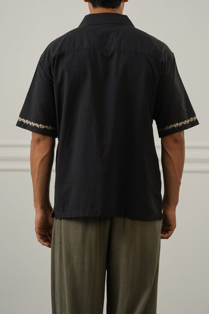 BLACK ASYMMETRIC EMBROIDERED SHIRT