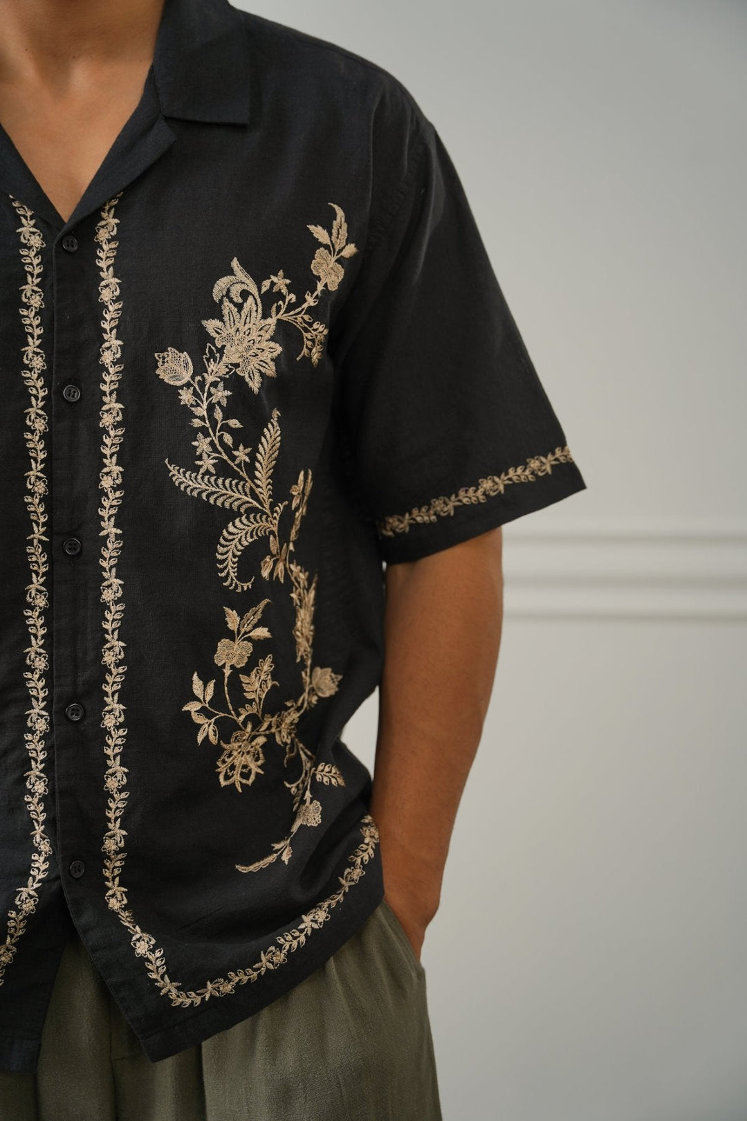 BLACK ASYMMETRIC EMBROIDERED SHIRT