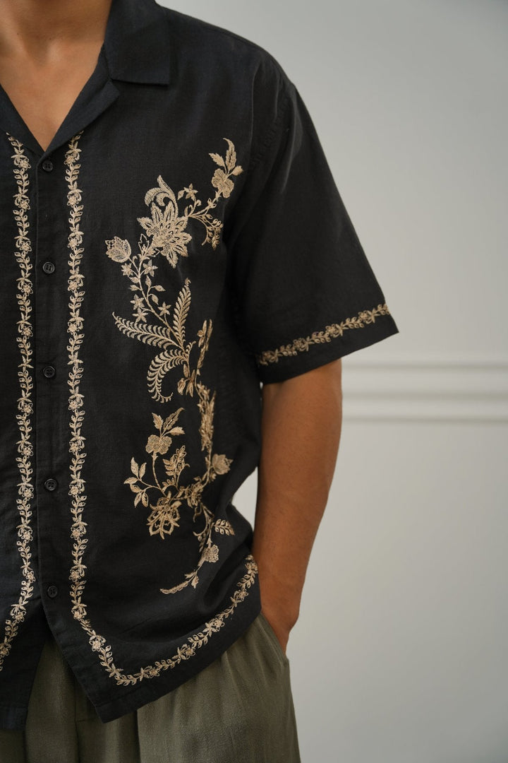 BLACK ASYMMETRIC EMBROIDERED SHIRT