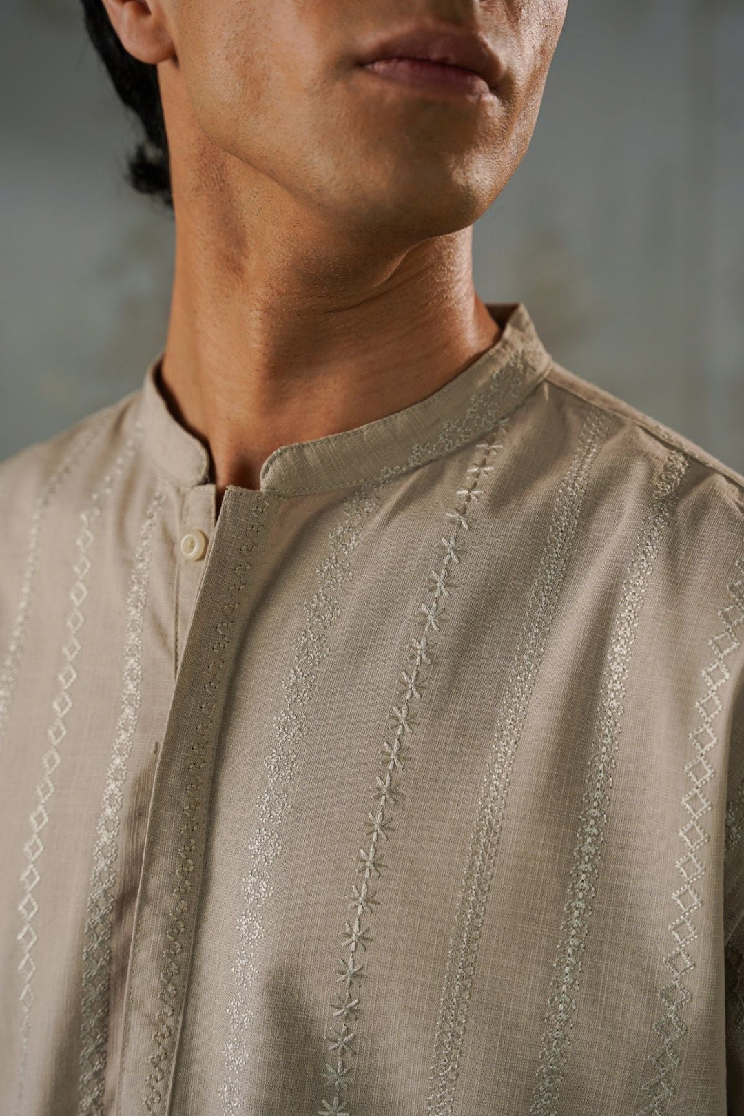 BEIGE EMBROIDERED HALF PLACKET SHIRT