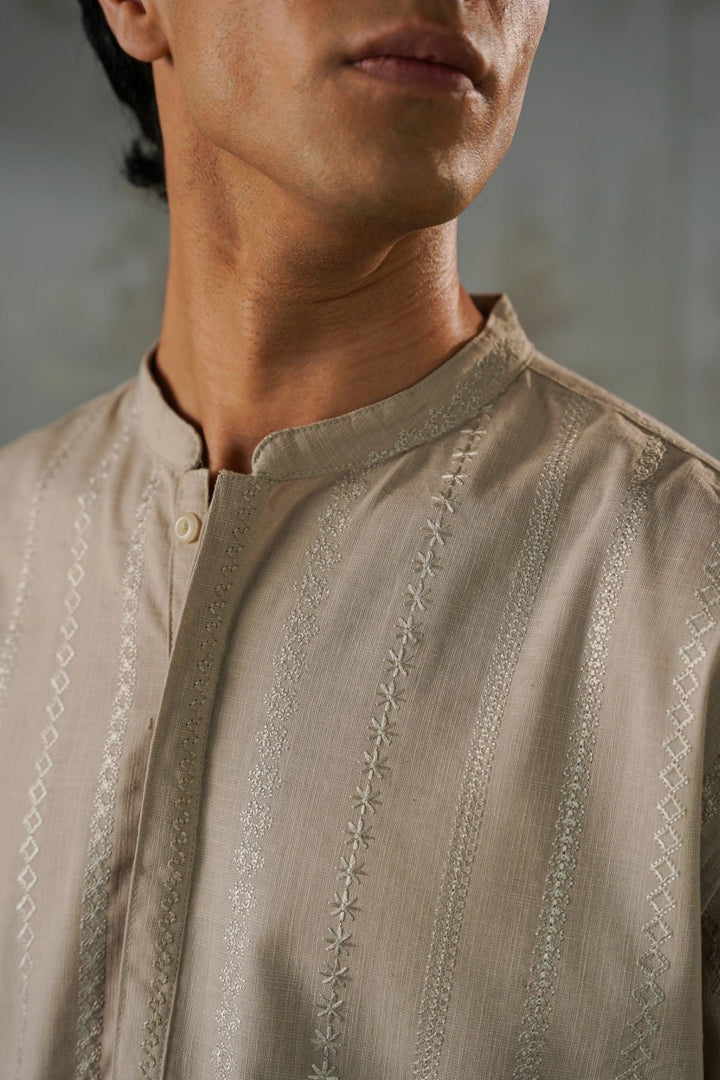 BEIGE EMBROIDERED HALF PLACKET SHIRT