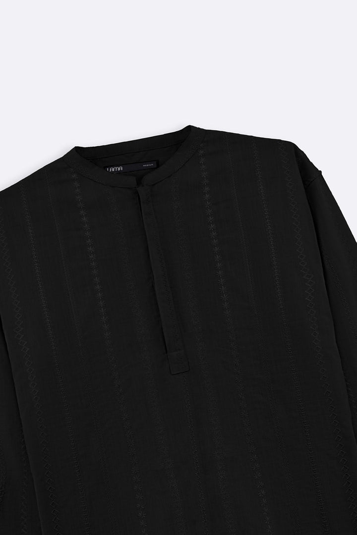 BLACK EMBROIDERED HALF PLACKET SHIRT