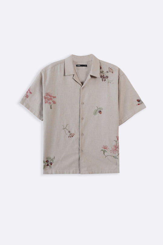 BEIGE EMBROIDERED DOBBY SHIRT