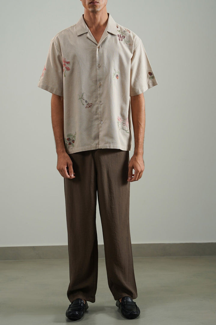 BEIGE EMBROIDERED DOBBY SHIRT