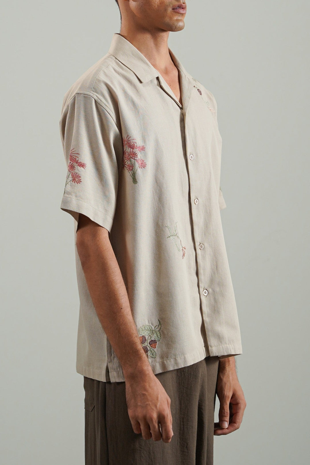 BEIGE EMBROIDERED DOBBY SHIRT
