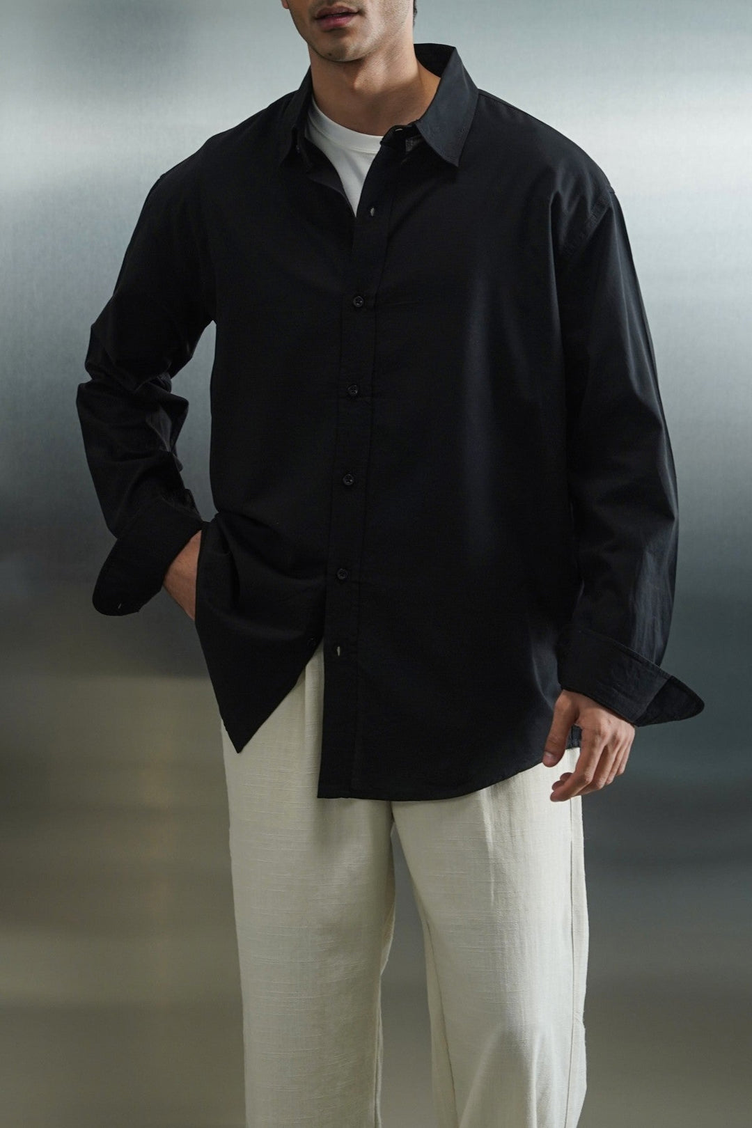 BLACK FLOWY COTTON BLEND SHIRT