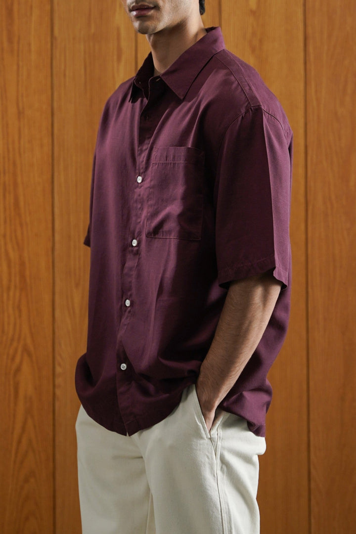 MAROON WASHED EFFECT TENCEL SHIRT
