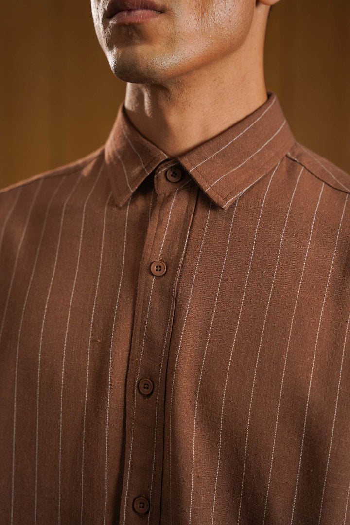 BROWN PINSTRIPE SHIRT WITH LINEN