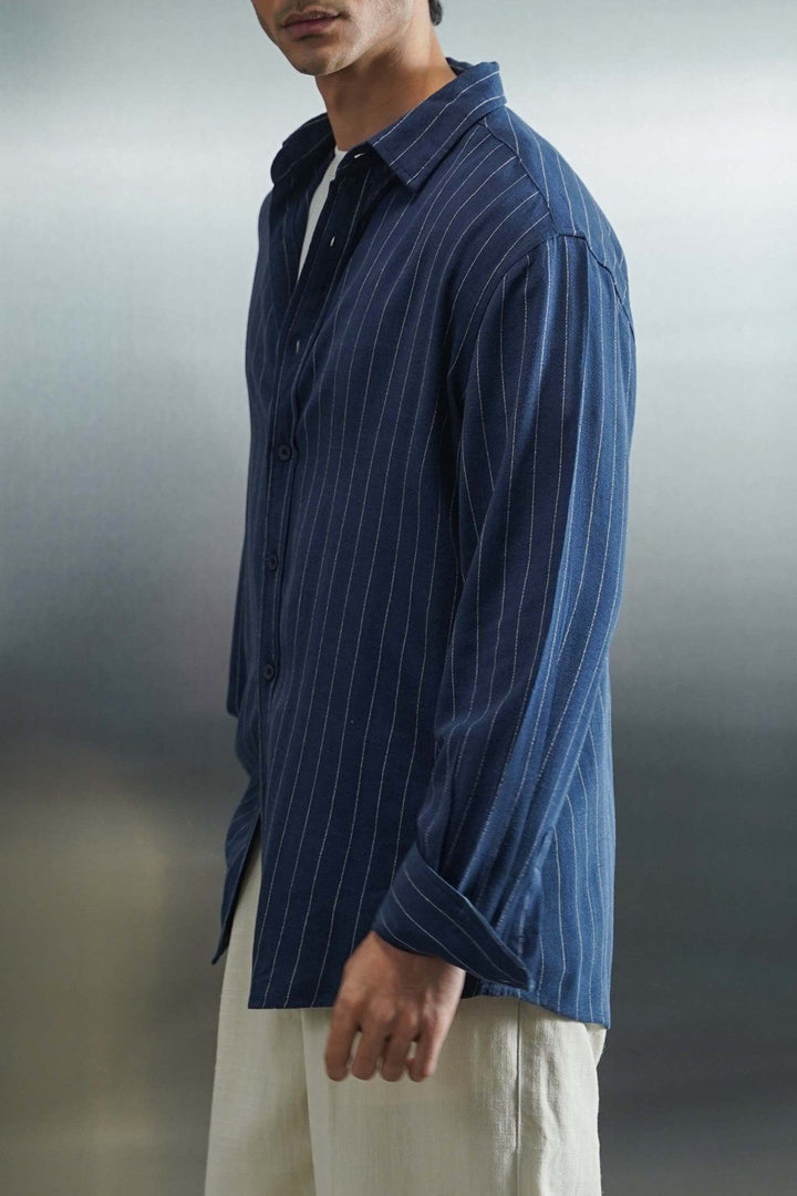 NAVY PINSTRIPE SHIRT WITH LINEN
