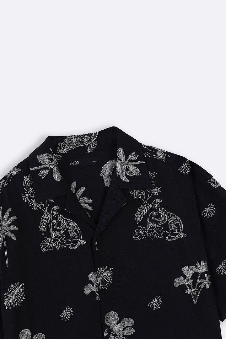 BLACK EMBROIDERED DOBBY SHIRT