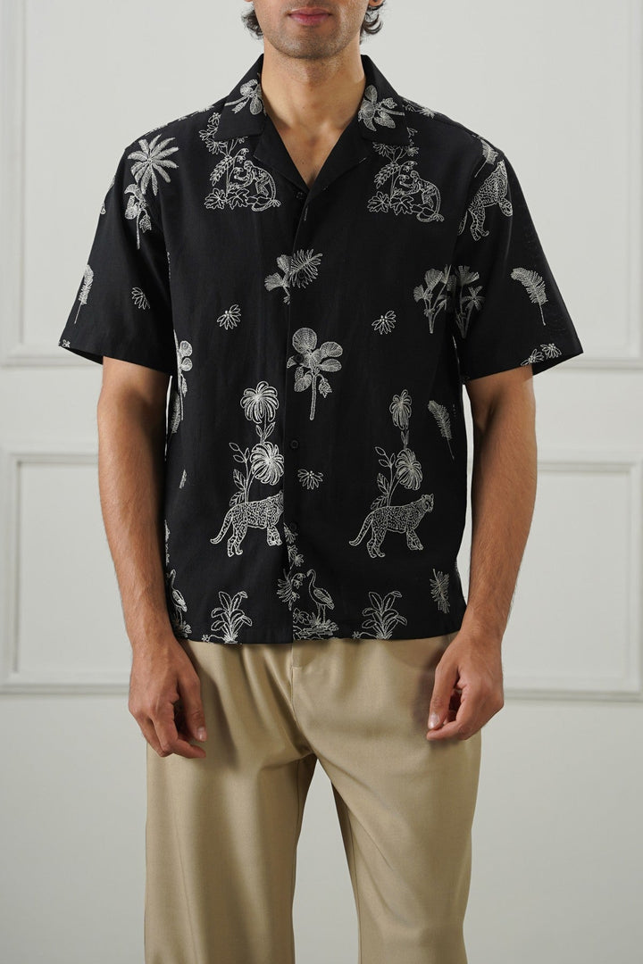BLACK EMBROIDERED DOBBY SHIRT