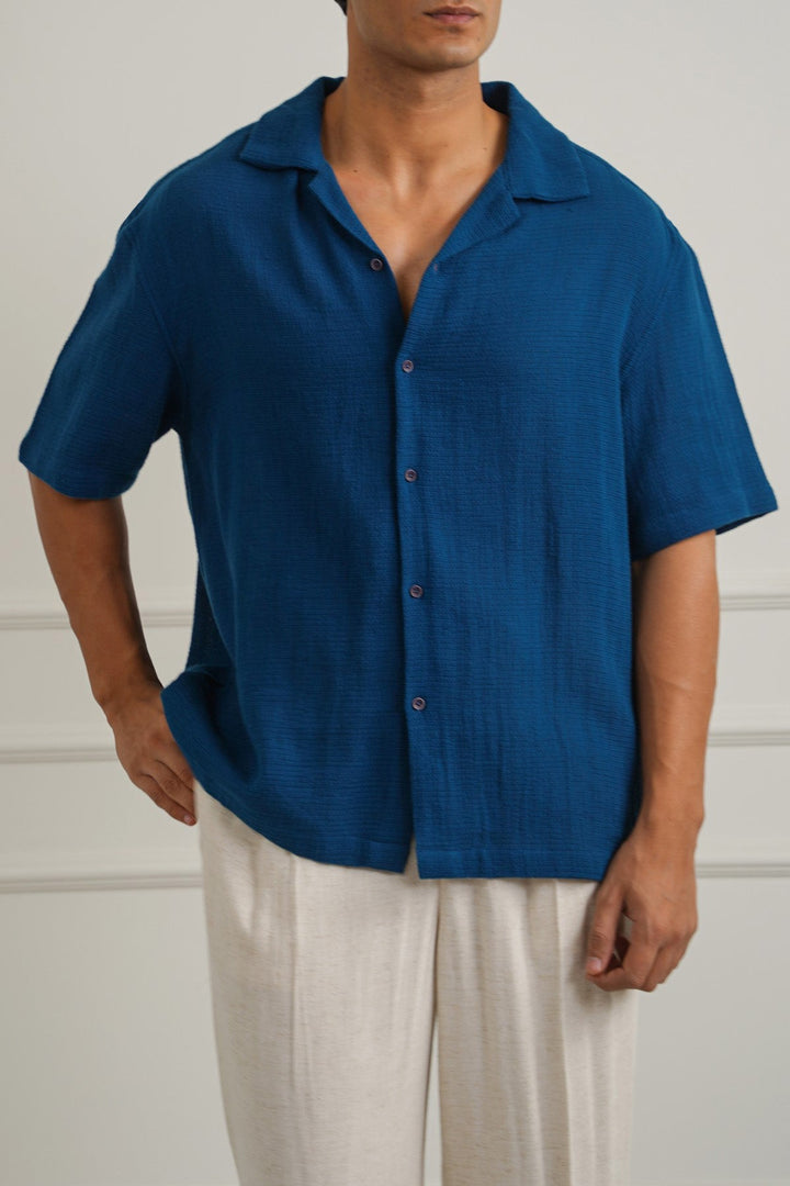 TEAL TEXTURED COTTON SAFARI SHIRT