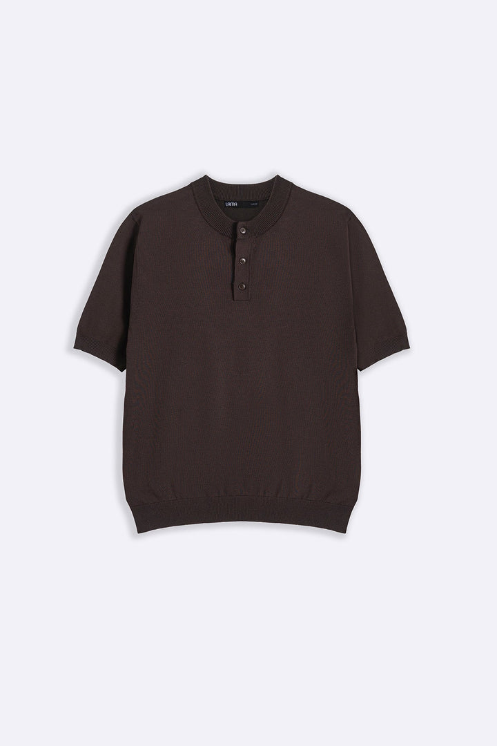 DARK BROWN SOFT KNIT HENLEY SHIRT