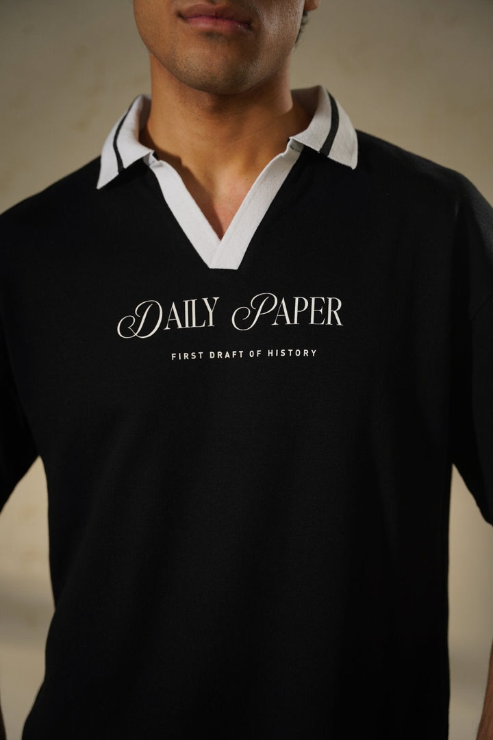 BLACK PRINTED POLO TEE