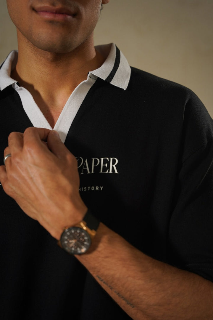 BLACK PRINTED POLO TEE