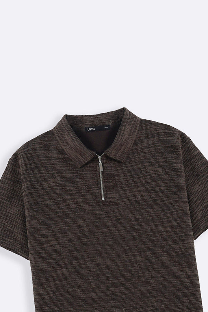 DARK BROWN TEXTURED ZIPPER POLO