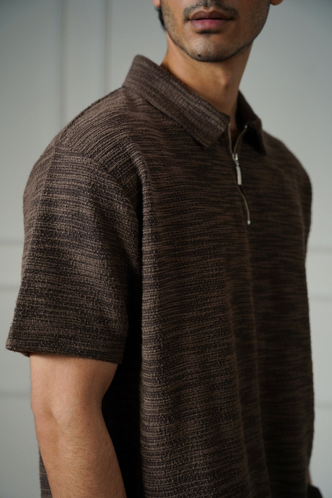 DARK BROWN TEXTURED ZIPPER POLO