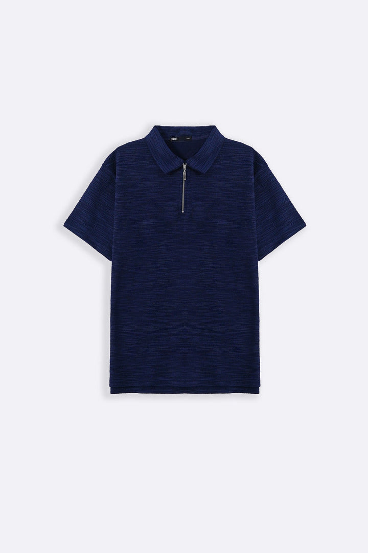 NAVY TEXTURED ZIPPER POLO
