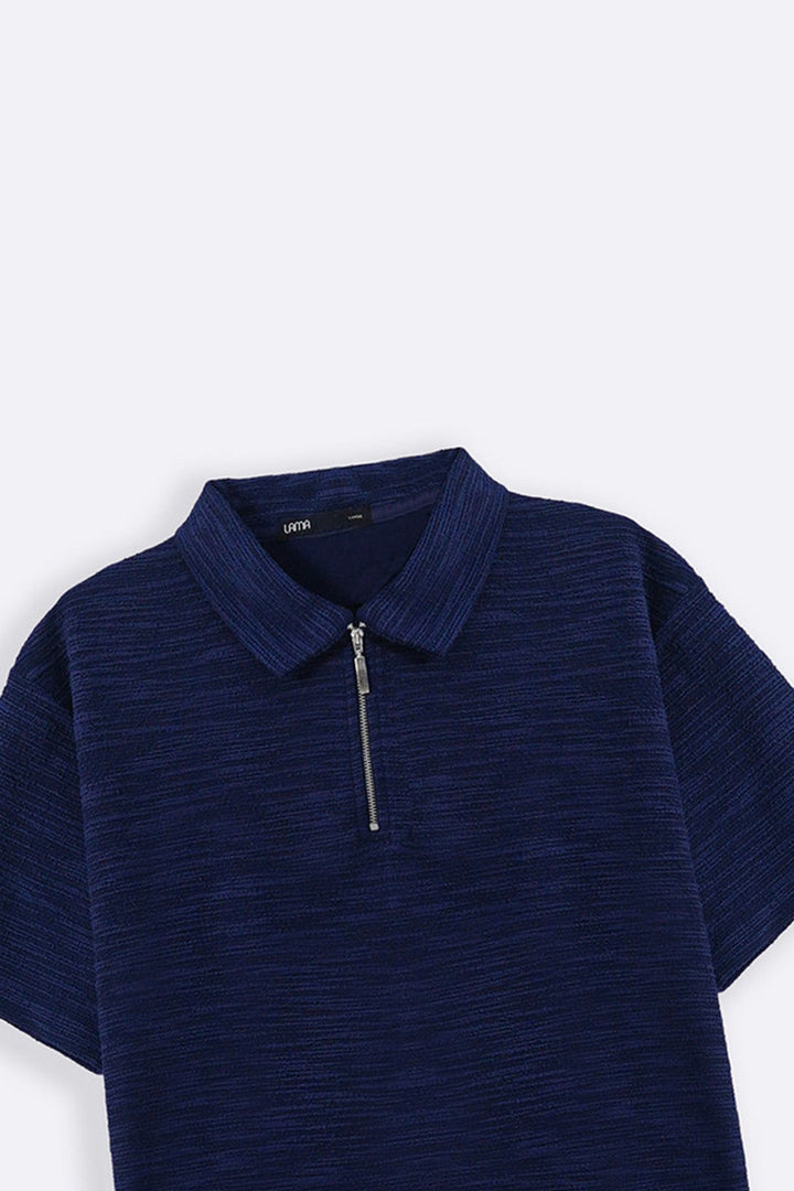 NAVY TEXTURED ZIPPER POLO