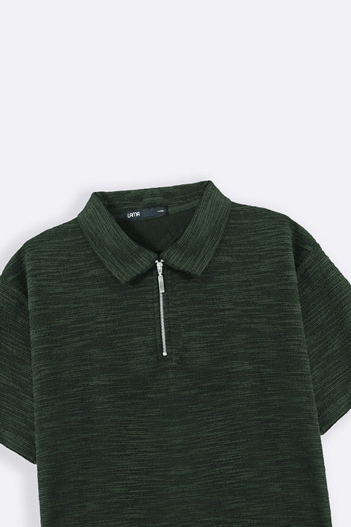 OLIVE TEXTURED ZIPPER POLO