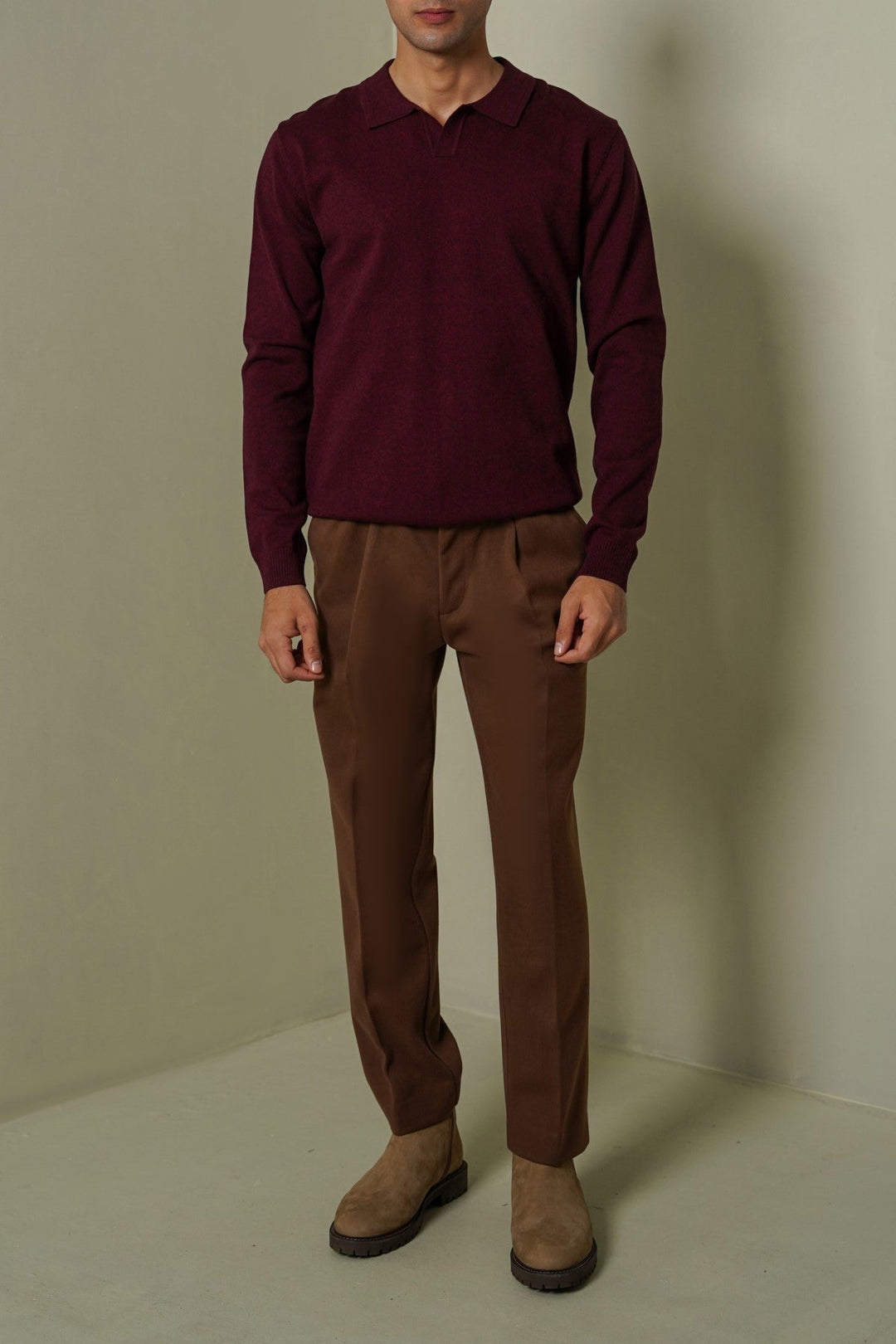 BURGUNDY SOFT KNITTED POLO JUMPER