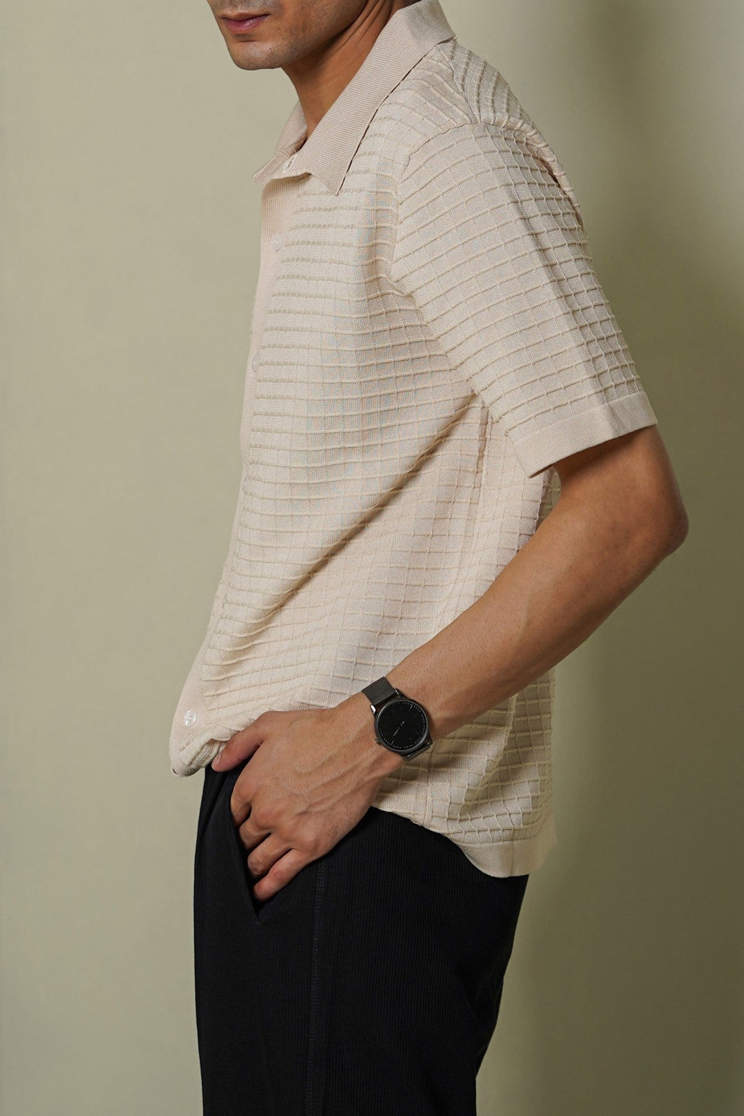 CREAM WAFFLE-KNIT SHIRT